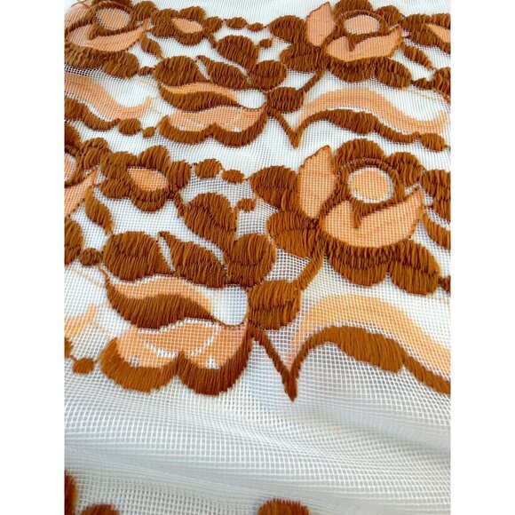 Vintage 70s curtain, tan, rust floral & dots embroidered pattern, sheer panel - Picture 5 of 10